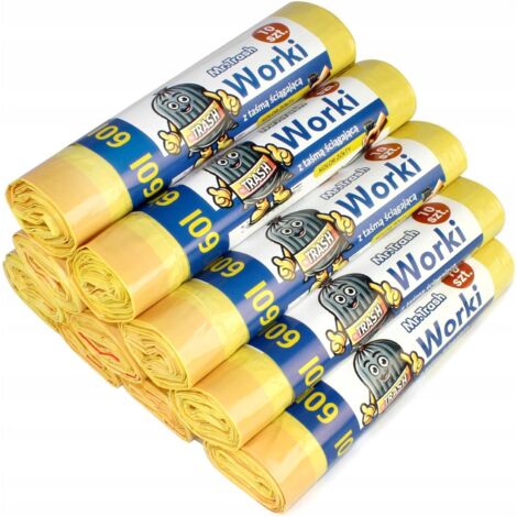 100 SACCHI PER RIFIUTI GIALLI SPESSI DA 60 L CON NASTRO A STRAPPO 10 ROTOLI