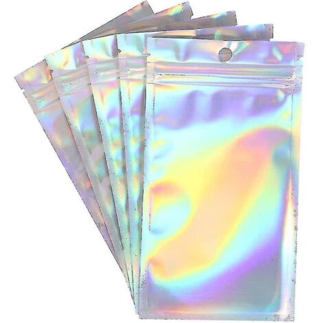 100 sachets anti-odeurs refermables en Mylar transparent à fermeture zip, couleurs arc-en-ciel holographiques - 8 x 12 cm