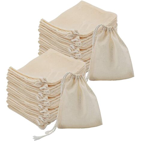 100 sachets en coton à cordon, 10 x 8 cm (4 x 3 pouces), en mousseline naturelle non blanchie, pour épices, thé, herbes.