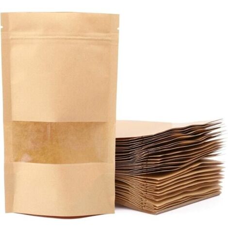 100 sachets en papier kraft avec fenêtre, sachets à fond plat avec fermeture éclair, sacs de rangement pour grains de café,