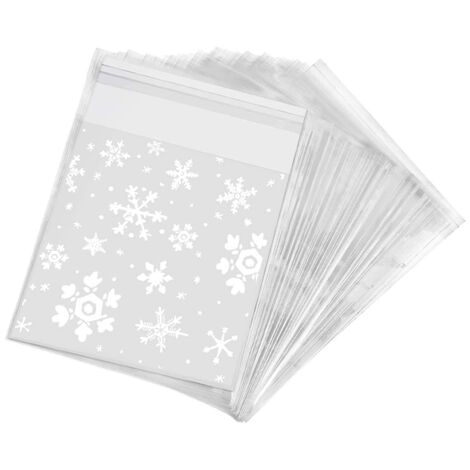 100 sacs cadeaux de Noël imprimés flocons de neige, emballage bonbons plastique