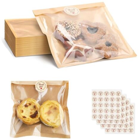 100 sacs de boulangerie en papier kraft avec fenêtre - Sacs alimentaires bruns pour pain, biscuits, beignets, pâtisseries, sandwichs, emballage de produits de boulangerie faits maison et commerciaux
