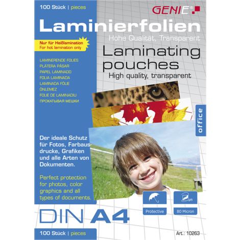 100 St. Genie Laminierfolien DIN A4 (80 Micron) Premium Laminierfolien Laminierfolientaschen