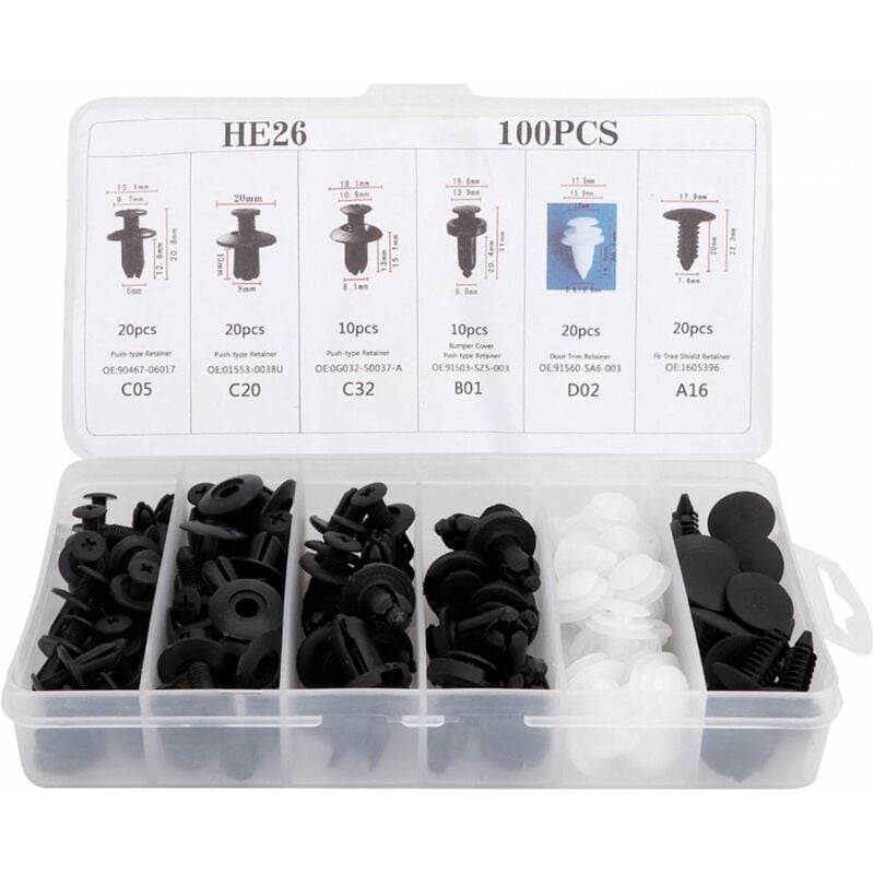 100 Stück Auto-Kunststoff-Nietclips – Universal-Kunststoff-Kotflügelclips – Auto-Clips, Stoßstangenbefestigungen, Nietclips, Ersatz-Kit, | 06220058096518 100 Stück Auto-Kunststoff-Nietclips – Universal-Kunststoff-Kotflügelclips – Auto-Clips, Stoßstangenbefestigungen, Nietclips, Ersatz-Kit, | 06220058096518