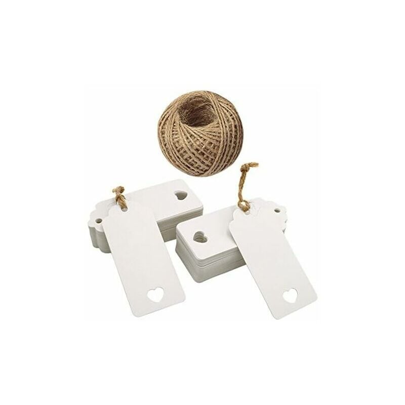100 Stück Kraftpapieranhänger Kraftkartenanhänger 9,5 x 4,5 cm für Hochzeit/Weihnachten/Geburtstagsgeschenk, Gepäck, mit 30 m Juteschnur (weiß), | 07007911096873