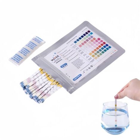 100 strisce reattive 9 in 1 per acqua potabile, analizzano piombo, nitrati, pH, nitriti, cloro e durezza. Tester affidabile per casa e ufficio.
