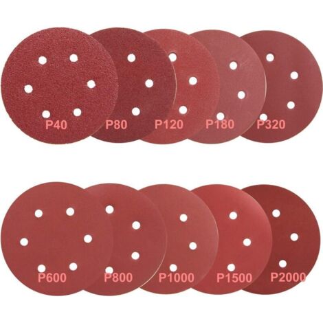 100 Stück 150-mm-Schleifscheiben, Schleifpapier in den Körnungen 40/80/120/180/320/600/800/1000/1500/2000 (10 Scheiben pro Körnung), AAFGVC