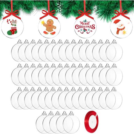 100 Stück klare Weihnachtskugeln aus Acryl mit Band, flache Kugeln zum Basteln, transparente Acrylscheiben als Christbaumschmuck, 7,6 x 7,6 cm