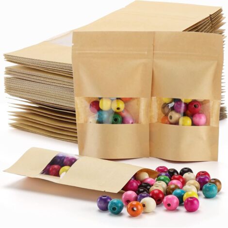 100 Stück Kraftpapier-Lebensmittelbeutel, wiederverschließbare Beutel, luftdichte Beutel, Papier-Lebensmittelverpackungsbeutel mit transparentem Fenster für Nüsse, Kaffeebohnen, 10 x 15 cm