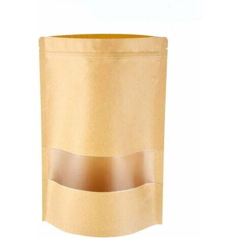 100 Stück Kraftpapier-Standbeutel mit Zip-Verschluss, braune Papierbeutel mit Sichtfenster, wiederverwendbare Aufbewahrungsbeutel für Brot, Nüsse, Geschenke, Kaffeebohnen, Schmuck, 14 x 20 cm