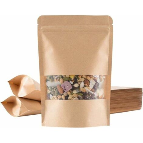 100 Stück Kraftpapiertüten mit Fenster (14 20 cm), Krafttüten in Lebensmittelqualität, FDA-zertifiziert, Materialsicherheit, zum Verpacken von Samen und Snacks