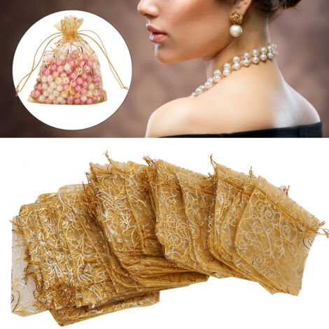 100 Stück Organzabeutel 9x12cm mit Kordelzug für Schmuck, Geschenke, Hochzeiten (Gold)