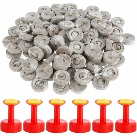 100 Stück Torfpellets, Samen-Erde-Block, 30 mm, mit 6 Düsen, Torf-Erde-Granulat, Samen-Starterstopfen, Kompresse für wachsende Pflanzen, Vermehrung, Keimung (100 Stück + 6 Düsen)