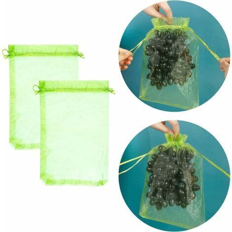 100 Stück Traubenschutzbeutel, Größe: 30 x 20 cm, Farbe: Grün, mit Kordelzug, bieten vollständigen Schutz vor Wespen und Vögeln, Material: Organza