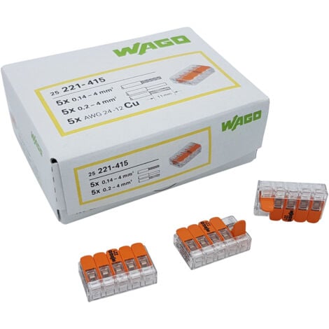 100 Stück Wago 221-415 Verbindungsklemme 5 Leiter mit Betätigungshebel 0,2-4 qmm kleine Bauform, transparent