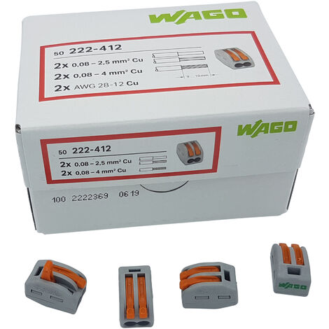100 Stück Wago 222-412 Verbindungsklemme 2 Leiter mit Betätigungshebel 0,08-4 mm², grau