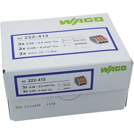 100 Stück Wago 222-413 Verbindungsklemme 3 Leiter mit Betätigungshebel 0,08-4 mm², grau
