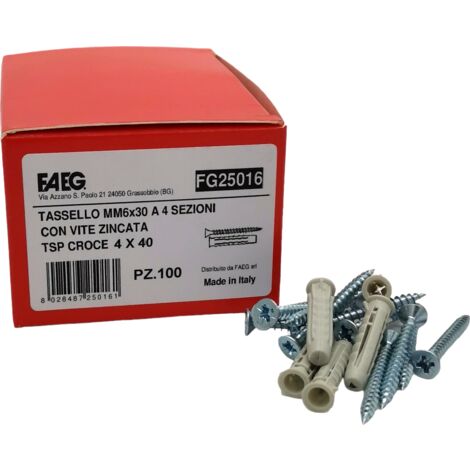 100 Tasselli con viti collarino 6 8 mm ad espansione in nylon GL a 4 sezioni per fissaggio a parete  6x30 mm