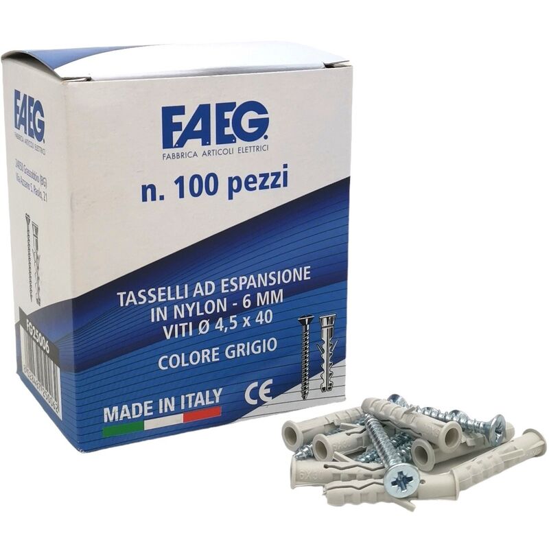Image of Faeg - 100 Tasselli con viti collarino 6 8 mm ad espansione in nylon per fissaggio a parete 6x30 mm