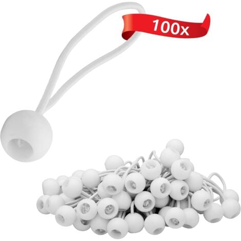 BAZYWTYH 100 Tendeurs élastiques avec Boule en Plastique, Crochets élastiques, élastiques de Tente pour Les bâches, pavillon de Jardin, tentes, Tension élevée Blanc