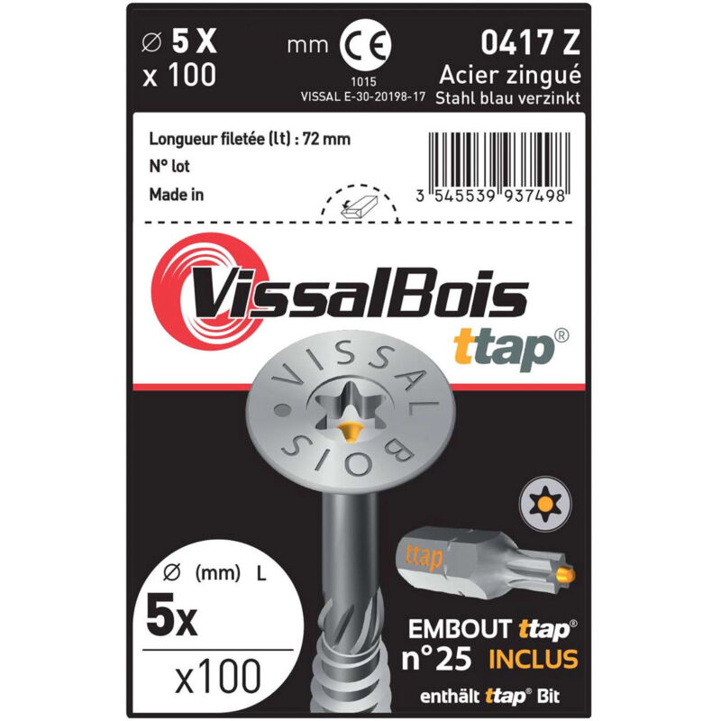 Boite de 100 vis agglo zinguées à filetage partiel torx/ttap ailette 120mm - diam 5 mm