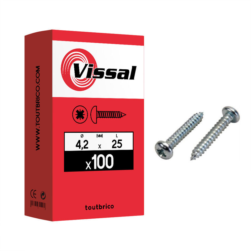 Vissal - 100 vis tôle 4,2x25mm cylindrique bombée zingué