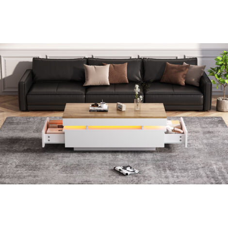100 x 50 x 35 cm. Table de salon avec 2 tiroirs. Tablette d’appoint brillante, faite de matériau LED. Table pour le thé, table de salon, table de salle à manger. Blanc et bois.