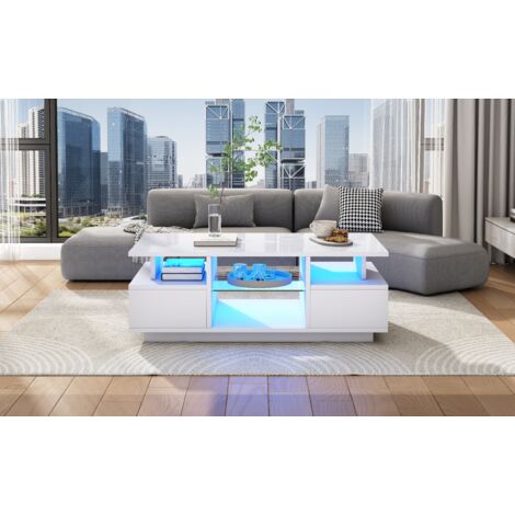 100 x 50 x 36 cm. Table de salon avec 2 tiroirs. Table de soutien en verre brillant, équipée de LED. Table pour le café. Salle de stockage ouverte. Paravent en verre. Table pour le thé. Table de salon