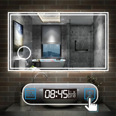 100 x 60 cm LED+Beschlagfrei+Uhr+3 Lichtfarben Dimmbar+Kosmetikspiegel+Helligkeit Memory Funktion