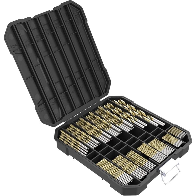 100 x TopsTools TT100TW 1mm - 10mm Boîte de rangement pour forets hélicoïdaux HSS avec revêtement en titane pour bois plastique cuivre laiton