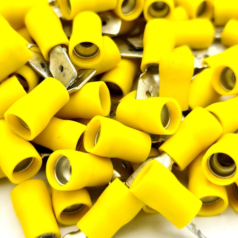 100 x Yellow 4-6mm2 Pre-Insulated Male Push-On Crimp Tab Terminals