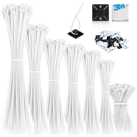 1000 bridas para cables, 100/150/200/250/300 mm de largo, resistentes a los rayos UV, con agarre y 50 bases autoadhesivas para la gestión de diferentes cables.