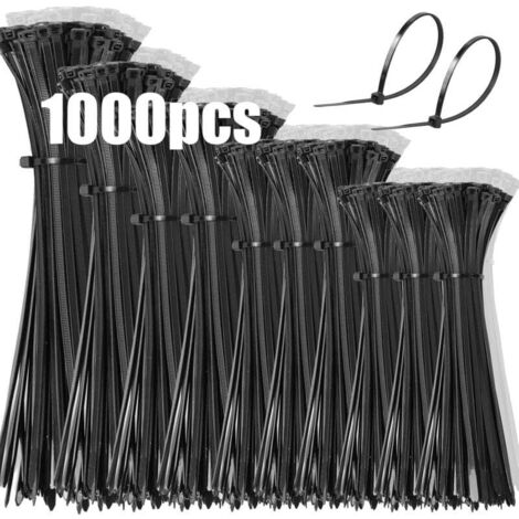 1000 colliers de serrage en plastique, plastique professionnel, Rislan 100/150/200/250/300 mm de long, résistants aux UV, pour le guidage de divers câbles, noirs