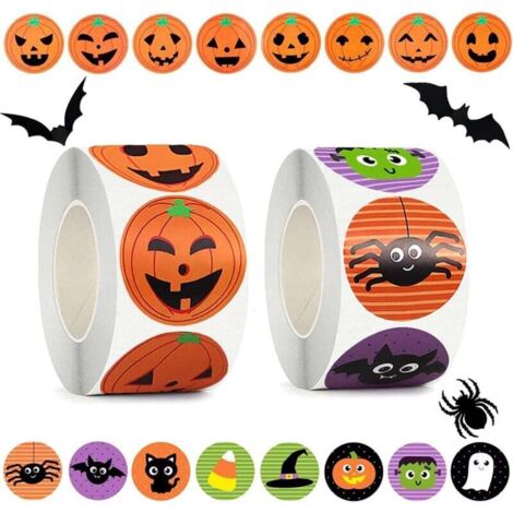 1000 Halloween-Sticker: 2 Rollen mit je 500 Byhoo-Halloween-Stickern, insgesamt 1000 Bögen. Das erste Set enthält 8 verschiedene Kürbis-Sticker.