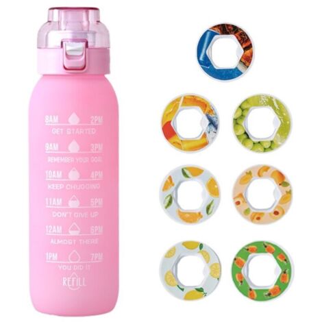 1000 ml pinkfarbene Wasserflasche mit Fruchtgeschmack in 7 verschiedenen Geschmacksrichtungen, Trinkflasche mit Strohhalm für Sport, Büro und Alltag, ansprechendes Design und großes Fassungsvermögen
