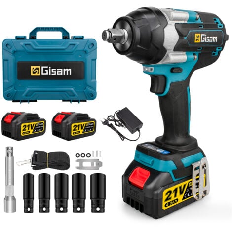 GISAM 1000 Nm Clé à chocs sans fil visseuse à chocs fréquence d'impact 3300 tr/min 5 douilles (17/19/21/22/24 mm)-2X4000 mAh batterie