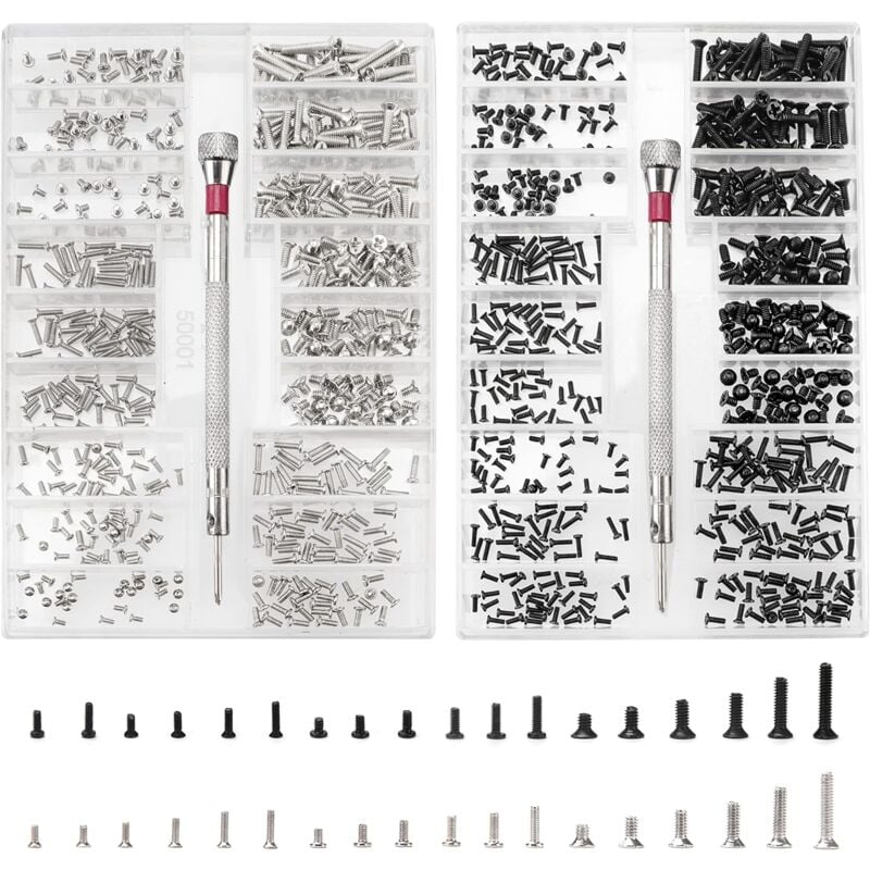 Roleader - 1000 Pièces Kit de Vis de Réparation Minuscule Micro, Kit d'Assortiment de Petites Vis en Acier Inoxydable avec Tournevis, M1.2 M1.4 M2