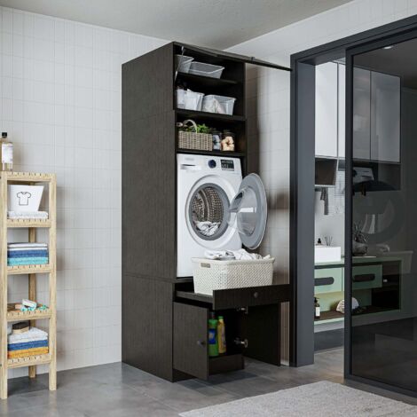 1000 Series Washing Machine Cabinet with Pull Out Shelf and Hinged Door, Modern Tall Laundry Storage Unit, Dark Oak Effect