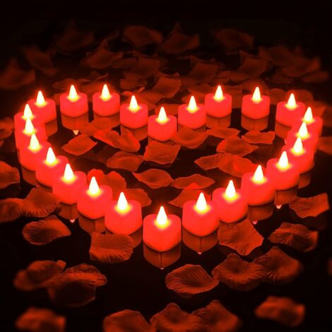 1000 Stück künstliche Rosenblüten mit 24 Stück flammenlose Herz geformt LED Teelichter Kerzen romantische Nacht Dekorationen für Hochzeit Jahrestag Tischdekoration (rot)