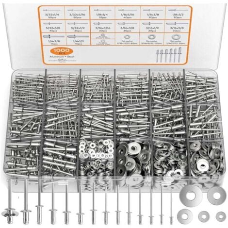 TIGREZY 1000-teiliges Sortiment an Aluminium-Blindnieten, 14 Größen (3/32 Zoll, 1/8 Zoll, 5/32 Zoll, 3/16 Zoll, 1/4 Zoll) mit 5 Verstärkungsscheiben aus Edelstahl 304 mit Aufbewahrungskoffer