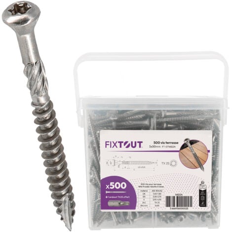 FIXTOUT 1000 vis terrasse D. 5 x 60 mm INOX A2 - Torx 25 à tête réduite crantée avec embout offert - 60