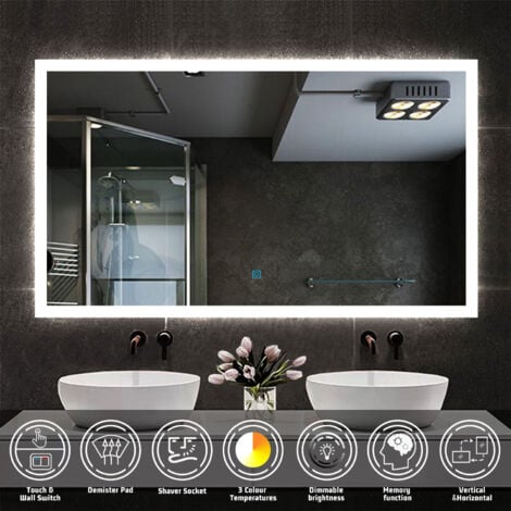 ACEZANBLE 1000 x 600mm Bathroom Illuminated LED Mirror with Demister Pad + Shaver Socket 3 Color Lights Dimmable Wall Mounted Bathroom Makeup Mirror Touch Sensor