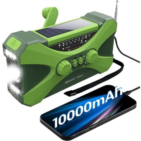 10.000 mAh Solar-Notfallradio, tragbares Kurbelradio mit Handy-Ladegerät und grüner LED-Taschenlampe