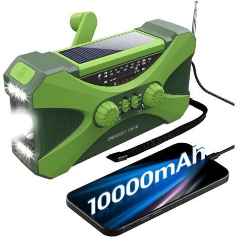 10.000 mAh Solar-Notfallradio, tragbares Kurbelradio mit Handy-Ladegerät und grüner LED-Taschenlampe