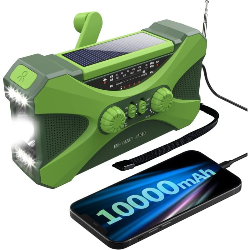 【10000mAh】 Emergency Radio Hand Crank Solar, NOAA Radio Météo Sources d'alimentation multiples, lampe de poche, lampe de lecture, chargeur de