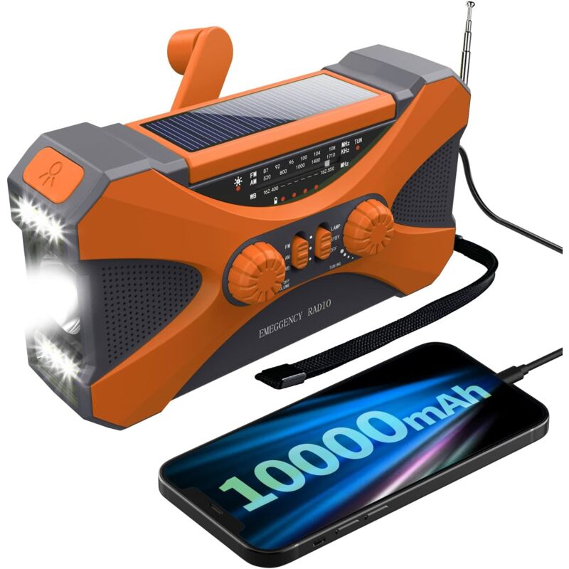 【10000mAh】 Emergency Radio Hand Crank Solar, NOAA Radio Météo Sources d'alimentation multiples, lampe de poche, lampe de lecture, chargeur de
