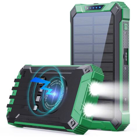 10000mAh multifonctionnel batterie d'énergie solaire puissance Mobile batterie de charge rapide avec 4 câbles chargeur sans fil lampe de poche LED (Vert)