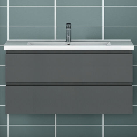1000mm Bathroom Vanity Unit With Wash Basin Ceramic Sink, 2 Drawers, High Gloss Grey, Cloakroom Storage Furniture Under Basin Cabinet, Wall Hung Cabinets