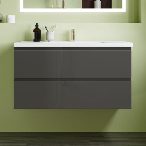 1000mm Gloss Grey Bathroom Vanity Unit With Wash Basin Ceramic Sink, 2 Soft-Close Drawers for Storage,Storage Furniture Under Basin Cabinet, Wall Hung Cabinets