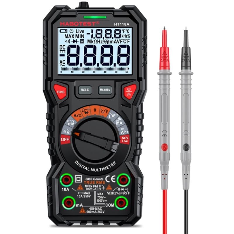 Durficst - 1000V HT118A Multimètre numérique Capacité de transistor MultiMeter MultiMeter ohm hz Température Testeur multimédia profesional